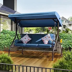 3-Seat Outdoor Patio Porch Swing with Adjustable and Removable Canopy, Waterproof Fabric, Cushion Pillow And Foldable Side Tray